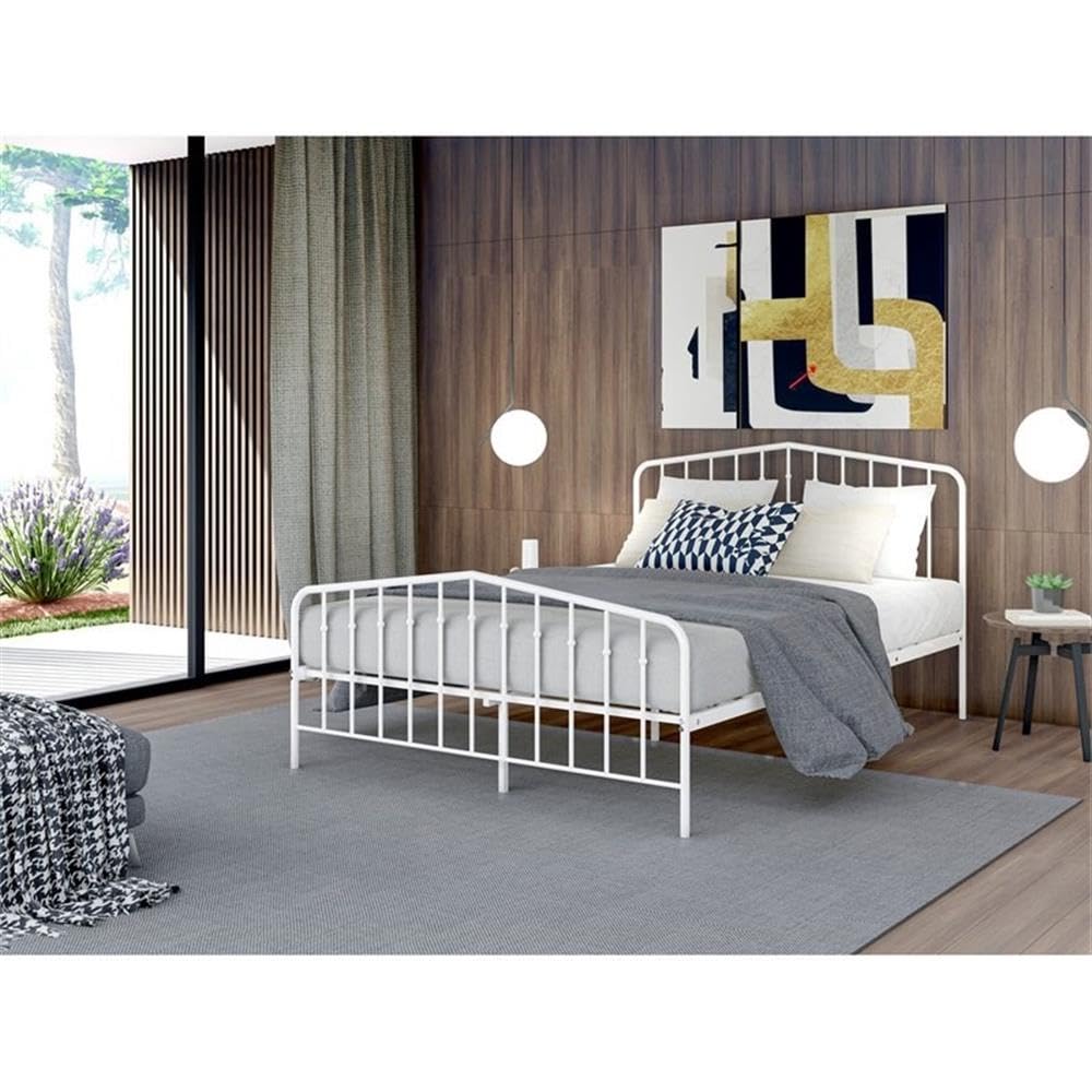 East West Furniture KHFBWHI Kemah Full Bed Frame with 3 Supporting Metal Legs - Deluxe Bed in Powder Coating White Color